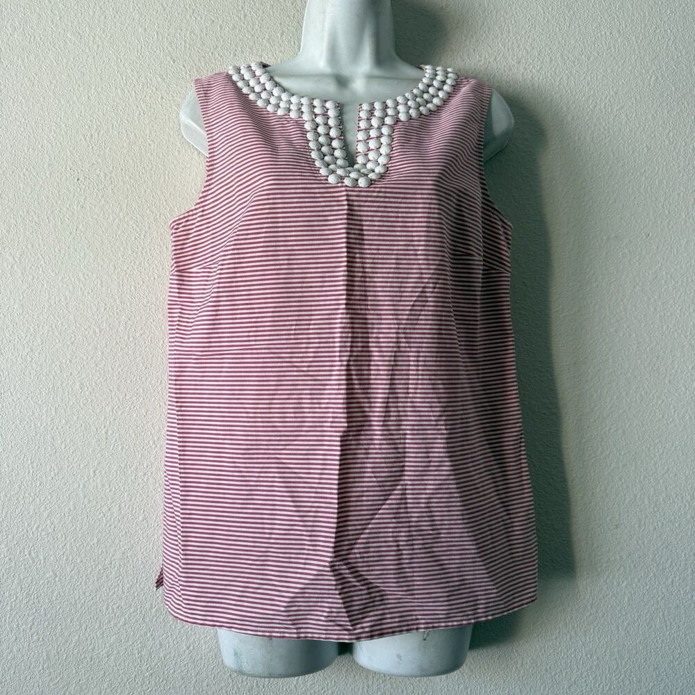 Talbots Red White Striped Sleeveless Blouse Beaded Neckline Coastal Nautical 6